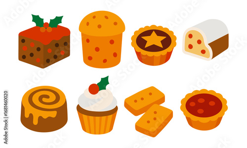 Festive isometric christmas desserts collection with pies, cakes, and cupcakes