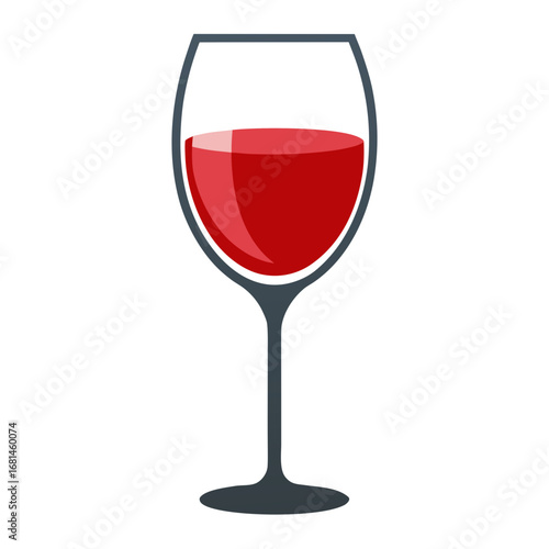 A simple flat design illustration of a wine glass filled with deep red wine on a white background