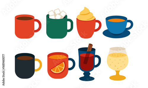 Colorful assortment of hot beverages in simple flat design