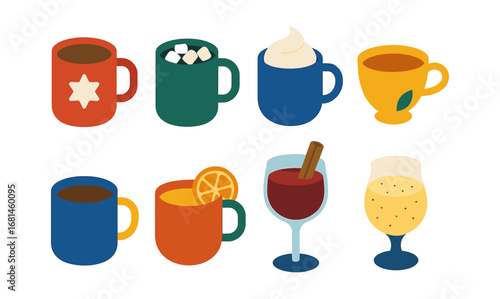Colorful collection of diverse hot and cold beverage icons