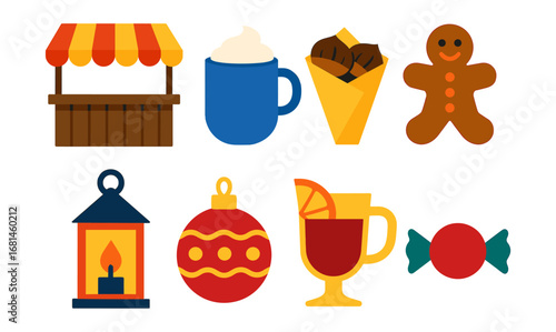 Colorful winter market elements: gingerbread, mulled wine, and festive decor