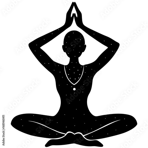 Silhouette of a person meditating in a lotus pose with arms raised and hands together adorned with a starry pattern
