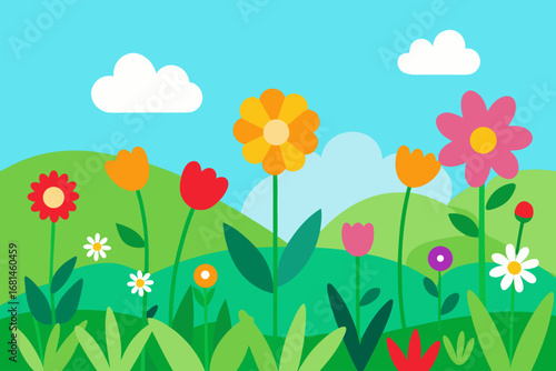 Vibrant cartoon illustration of a cheerful spring meadow filled with colorful flowers green rolling hills and fluffy white clouds against a bright blue sky
