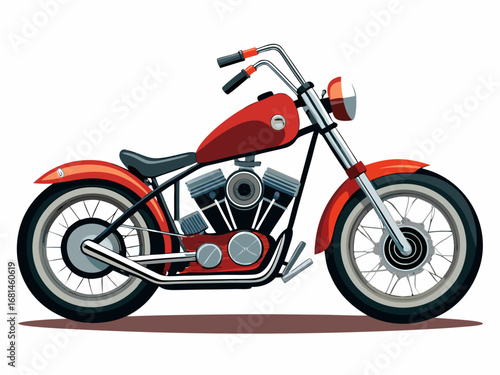 Classic red chopper motorcycle with chrome details and spoked wheels isolated on white background