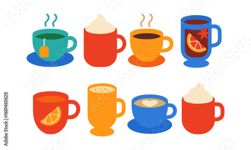Colorful coffee and tea cups collection: flat design with mugs and warm beverages