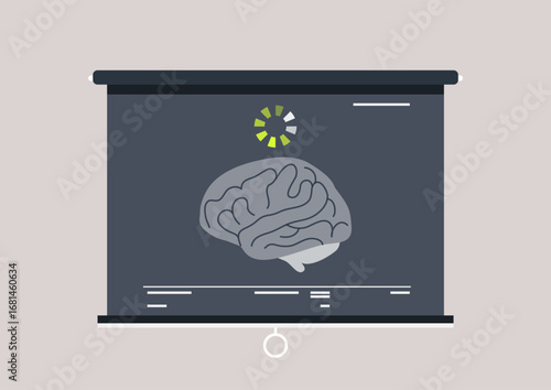 A medical monitor displays a brain X-ray, highlighting the unique workings of a neurodivergent mind and visually representing a functional freeze state within a professional clinical setting