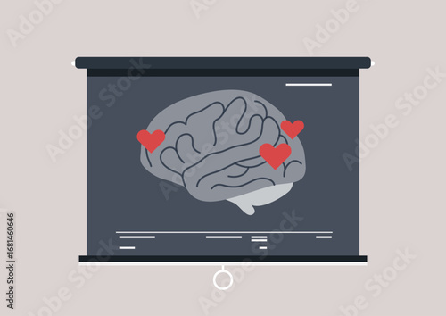 An illustrated brain with hearts symbolizing emotions is showcased on a projection screen, highlighting the intricate relationship between emotions and brain function