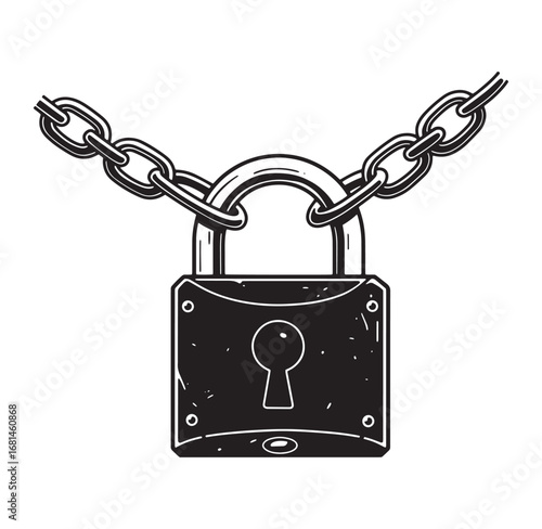 Vintage black and white padlock locked with a chain illustration on a white background