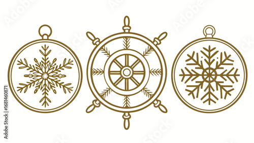 Three decorative circular ornaments featuring a snowflake a ship s wheel and another snowflake in a simple line art style