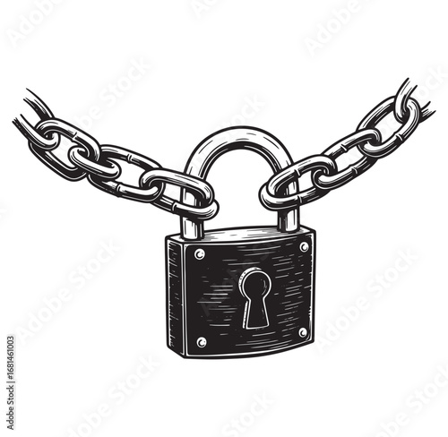 Vintage hand drawn padlock and chain illustration representing security and protection
