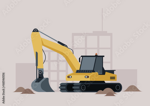 Heavy machinery operates vigorously at a construction site, with an excavator digging through soil and dirt as new structures take shape under a clear sky