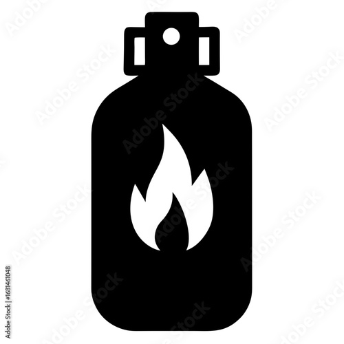 Black silhouette icon of a propane gas cylinder with a white flame symbol indicating flammable material for safety warnings