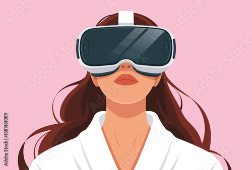 Woman wearing virtual reality headset and white robe