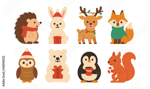 Adorable winter animals in festive outfits with holiday accessories
