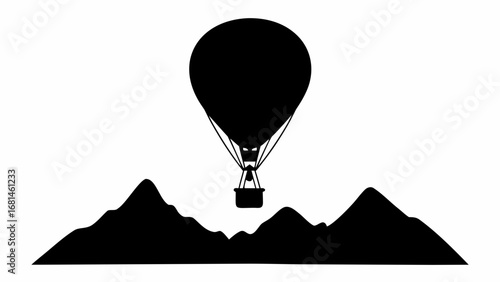 A solitary black hot air balloon silhouette floats serenely above rugged mountain peaks against a stark white background