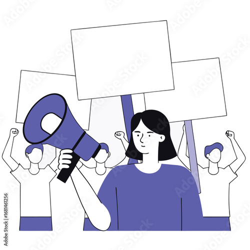 Diverse protesters rally with megaphone and blank signs