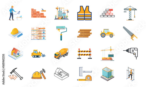 Construction and Building Icons Set – Architecture Tools, Engineering Equipment, Construction Site, Crane, Safety Helmet, Concrete Mixer, Bulldozer, Power Drill, Saw, Hammer, Ruler, Paint Roller, Wood
