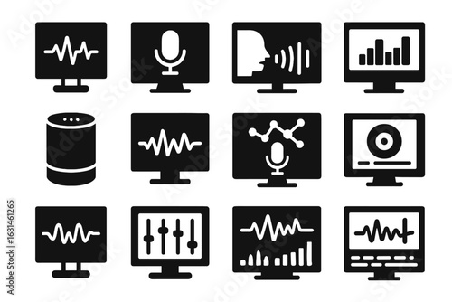 Microphone set speech panel command board vector voice recognition analysis icon