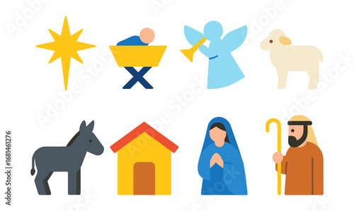 Colorful nativity icons featuring angel, manger, star, and shepherd figures