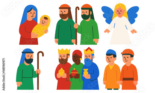 Flat cartoon nativity scene with mary, joseph, baby jesus, shepherds, magi, and angel