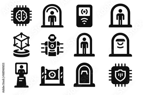 Digital terminal ai gate modern barrier cyber sensor vector icon monitoring chip