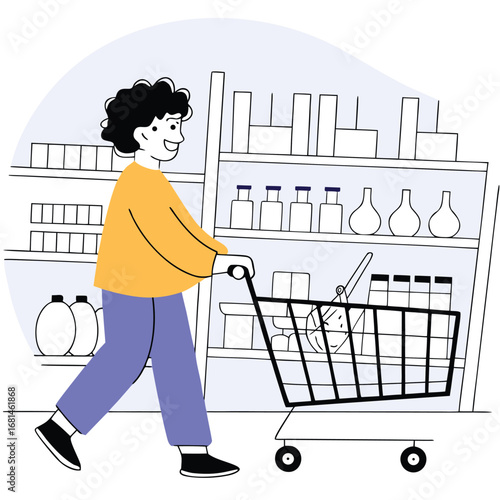 Person with curly hair pushing shopping cart in store