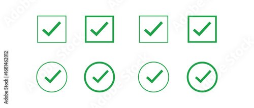 Green Check Mark Icons in Square and Circle Shapes on transparent background