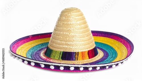 Colorful traditional Mexican sombrero hat isolated on white background. Unique straw 