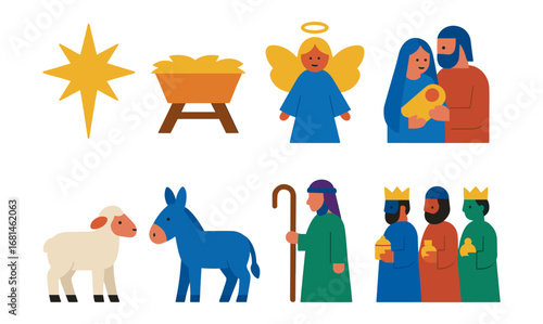 Nativity symbols: manger, angel, shepherd, wisemen figures in flat design