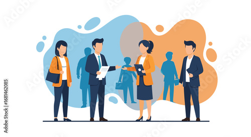 Professional business team collaborating, exchanging documents, and working together. Ideal for concepts of teamwork, HR, meetings, and corporate success.