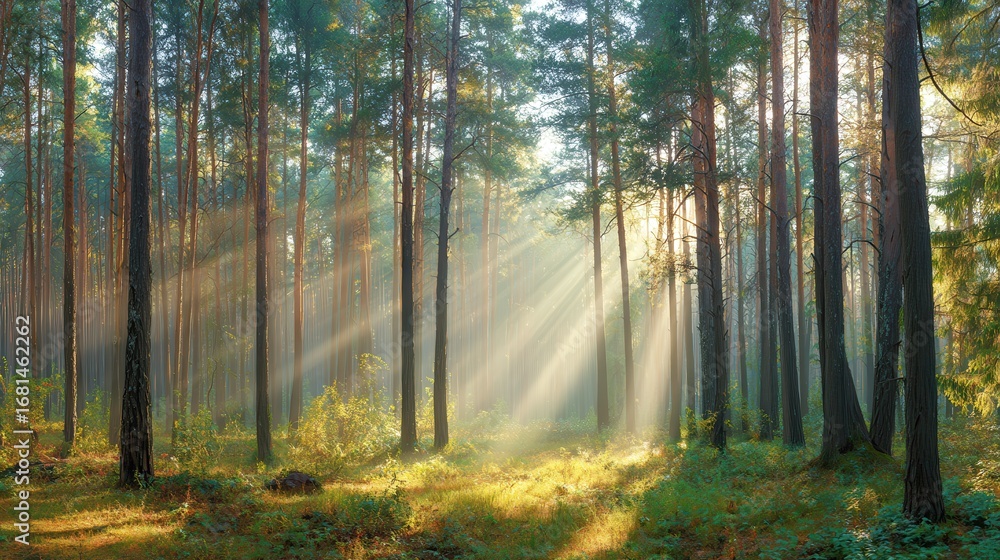 Obraz premium Sunlight Through Pine Trees in Forest