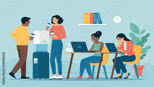 Diverse colleagues collaborating and taking a refreshing break in a modern, inclusive office. Illustrates productivity, teamwork, and a positive work environment.