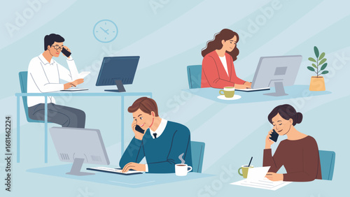 Busy professionals engaged in calls and computer work within a modern office setting, illustrating communication, productivity, and business operations.