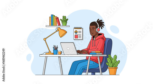 Young person with dreadlocks working or studying remotely on a laptop with headphones, ideal for digital learning, online business, and freelance concepts.