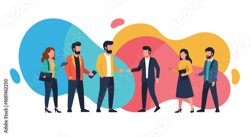 Diverse business professionals collaborate and network, symbolizing teamwork, partnership, and successful communication in a modern work environment. Ideal for corporate concepts.
