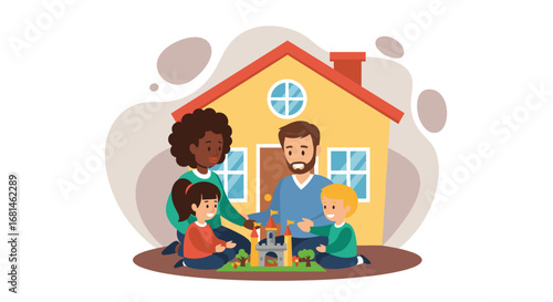 Joyful diverse family playing building blocks, creating a castle at home. Represents family bonding, childhood, education, and creative development. Ideal for parenting and lifestyle concepts.