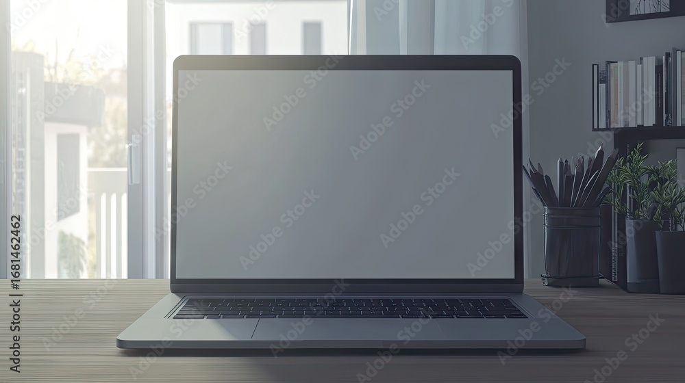 Fototapeta premium A silver laptop with a blank screen sits on a wooden desk near a window, bathed in sunlight. A minimalist workspace with bookshelves and pens in the background