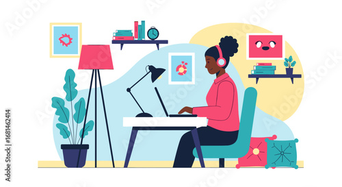 Smiling woman works efficiently from her comfortable home office with a laptop and headphones. Ideal for remote work, online education, and modern lifestyle concepts.