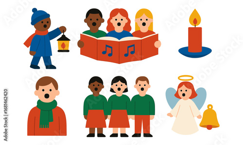 Festive christmas carols with kids and choir singing in flat art style