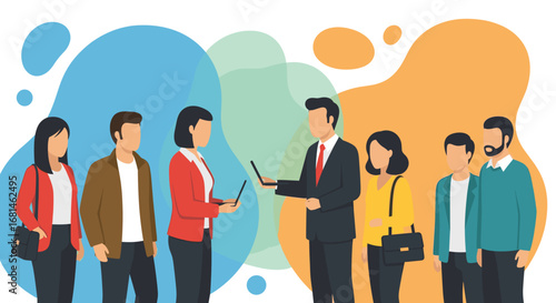 Diverse business professionals engage in communication and collaboration, utilizing laptops in a dynamic team or corporate environment, representing professional development.