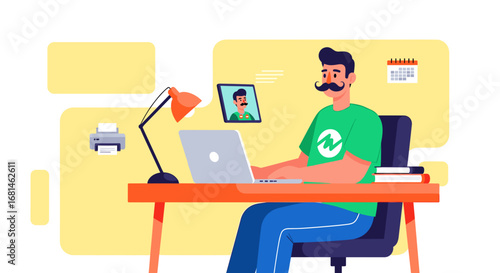 Cartoon man with a mustache works remotely on his laptop at a home office desk, depicting productivity, online communication, and modern business.