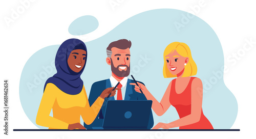 Diverse business professionals collaborate on a laptop, fostering teamwork and inclusive discussion in a modern work setting.