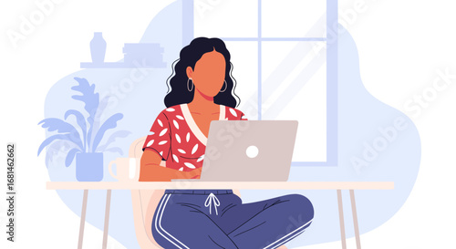 Woman working remotely from her comfortable home office setup, ideal for illustrating modern work-life balance, freelancing, and digital productivity.
