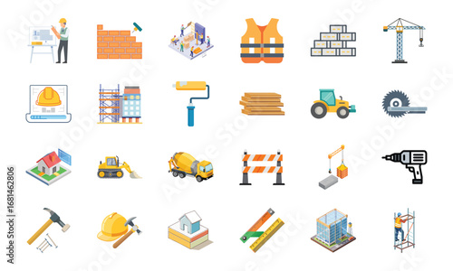 Construction and Building Icons Set – Architecture Tools, Engineering Equipment, Construction Site, Crane, Safety Helmet, Concrete Mixer, Bulldozer, Power Drill, Saw, Hammer, Ruler, Paint Roller, Wood
