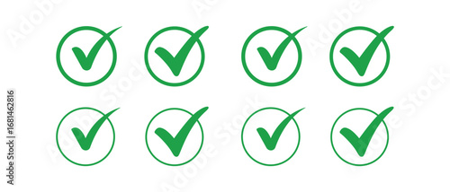 Green Check Mark Symbol Collection in Various Shapes on Transparent Background