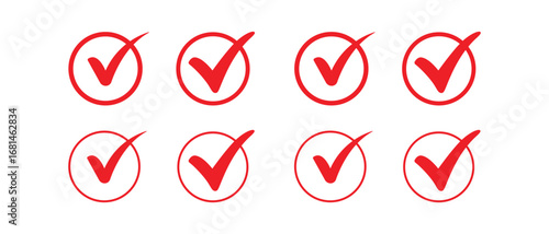 Red Check Mark Icons in Various Styles Circle Shapes on Transparent Background
