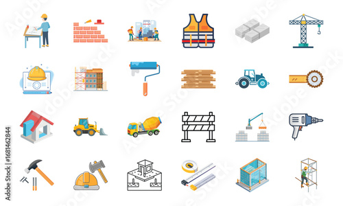 Construction and Building Icons Set – Architecture Tools, Engineering Equipment, Construction Site, Crane, Safety Helmet, Concrete Mixer, Bulldozer, Power Drill, Saw, Hammer, Ruler, Paint Roller, Wood