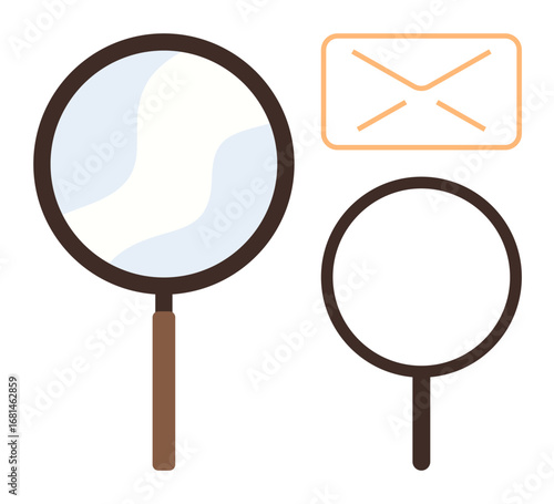 Magnifying glasses next to an envelope icon, representing inquiry, email search, and analysis. Ideal for communication, research, inspection, email management, data analysis investigation simple