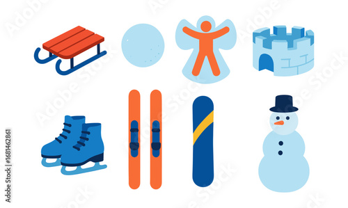 Winter activity icons featuring snowboarding, skiing, and snowman