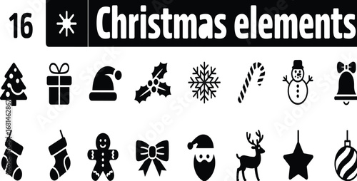 Christmas elements icons set, holiday decorations, festive silhouette collection, Christmas tree, Santa hat, snowflake, gift, reindeer, snowman, ornament